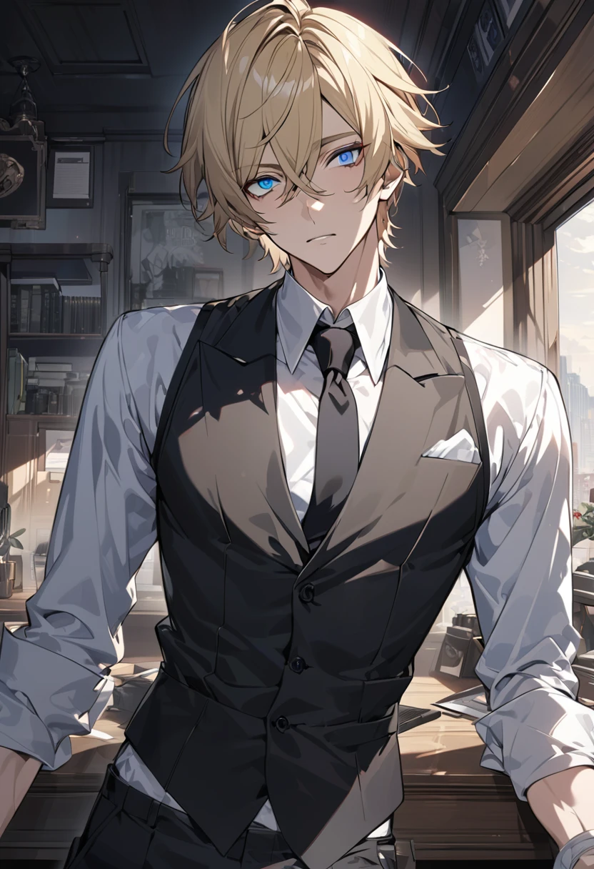 an anime man, blonde hair, blue eyes, white shirt, black tie, neutralexpression, slender body, short hair, handsome, black vest, front hair to one side, detailed eyes, ultra detailed, high quality, male, desktop wallpaper .