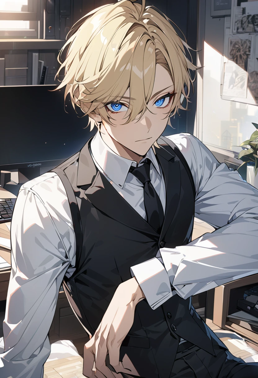 an anime man, blonde hair, blue eyes, white shirt, black tie, neutralexpression, slender body, short hair, handsome, black vest, front hair to one side, detailed eyes, ultra detailed, high quality,  male, desktop wallpaper .