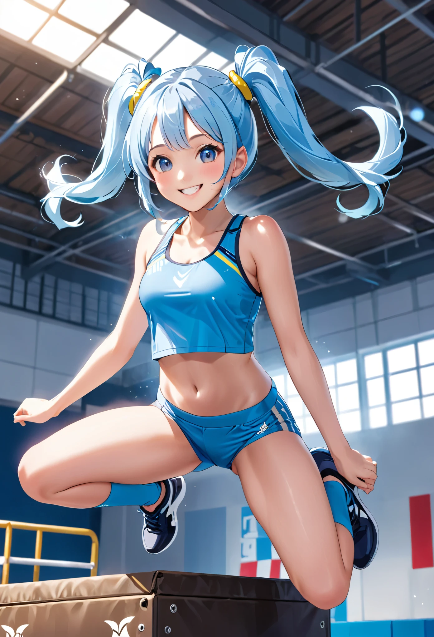 A beautiful girl with long light blue hair and twin tails, Wear gym clothes, Jumping on a vaulting box. Bright smile