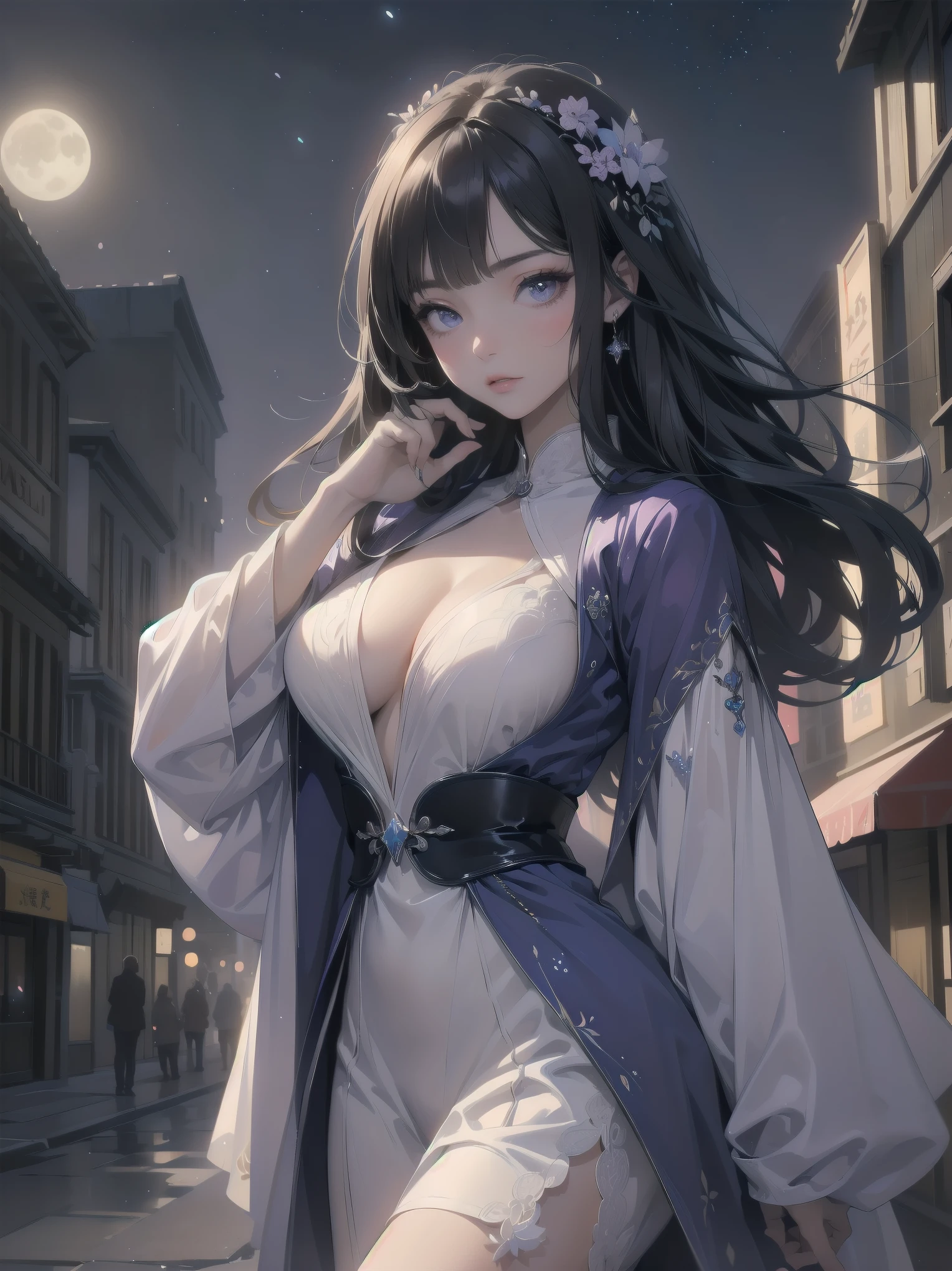 masterpiece, 8k, Highest quality, Very detailed, Purple & A beautiful girl in a blue magical robe with a moon motif、Close-up on the characters、(building, city、A dense fog of fluorescent particles、１８００Era、Western style、Fiction、grow、Overwhelming、Detailed street）、A beautiful girl with a beautiful background and a super cute pose