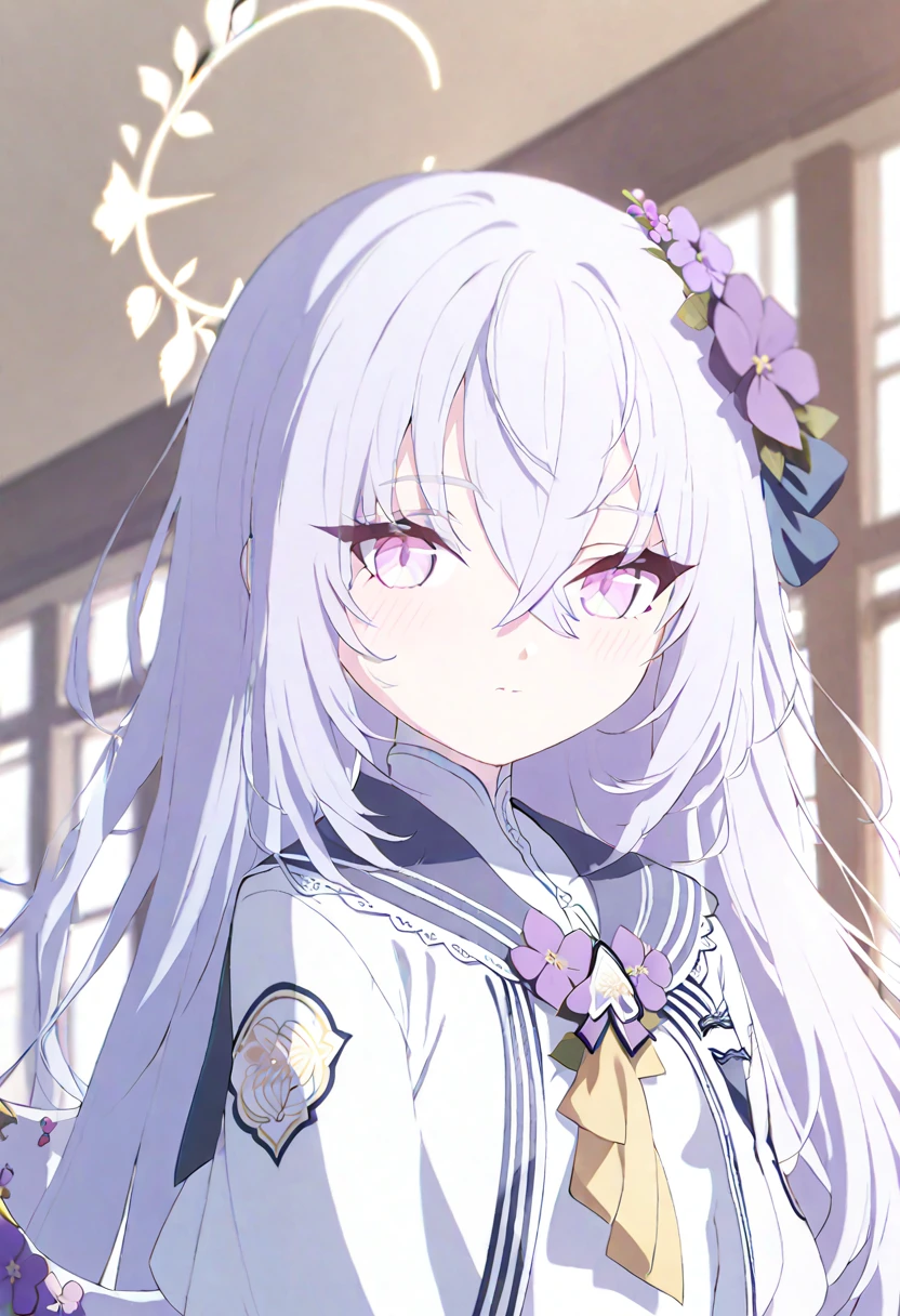 azusa \(blue archive\), 1girl blush closed_mouth curtains day dress flower grey_hair hair_between_eyes hair_flower hair_ornament halo indoors long_hair looking_at_viewer pink_eyes purple_flower solo white_dress window yellow_halo