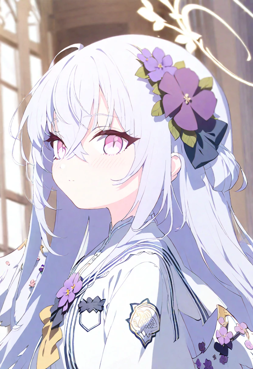 azusa \(blue archive\), 1girl blush closed_mouth curtains day dress flower grey_hair hair_between_eyes hair_flower hair_ornament halo indoors long_hair looking_at_viewer pink_eyes purple_flower solo white_dress window yellow_halo