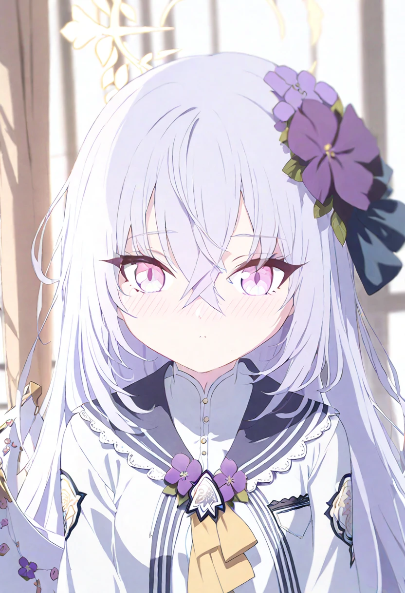 azusa \(blue archive\), 1girl blush closed_mouth curtains day dress flower grey_hair hair_between_eyes hair_flower hair_ornament halo indoors long_hair looking_at_viewer pink_eyes purple_flower solo white_dress window yellow_halo
