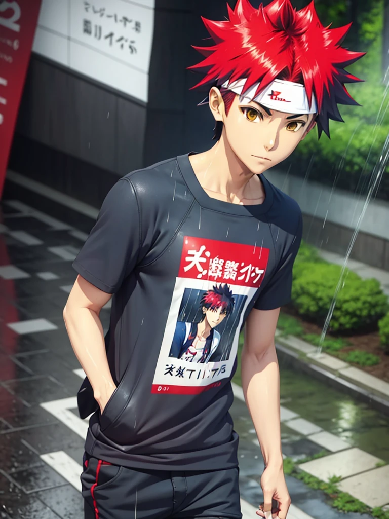 anime boy yukihira souma, walking in rainfall, wearing supreme t-shirt, 3d