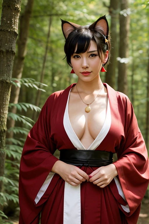 Woman with short hair cat ears with a white tuft, big breasts, that has 2 cat tails, Red eyes , red kimono, rattlesnake necklace in an anime style forest 