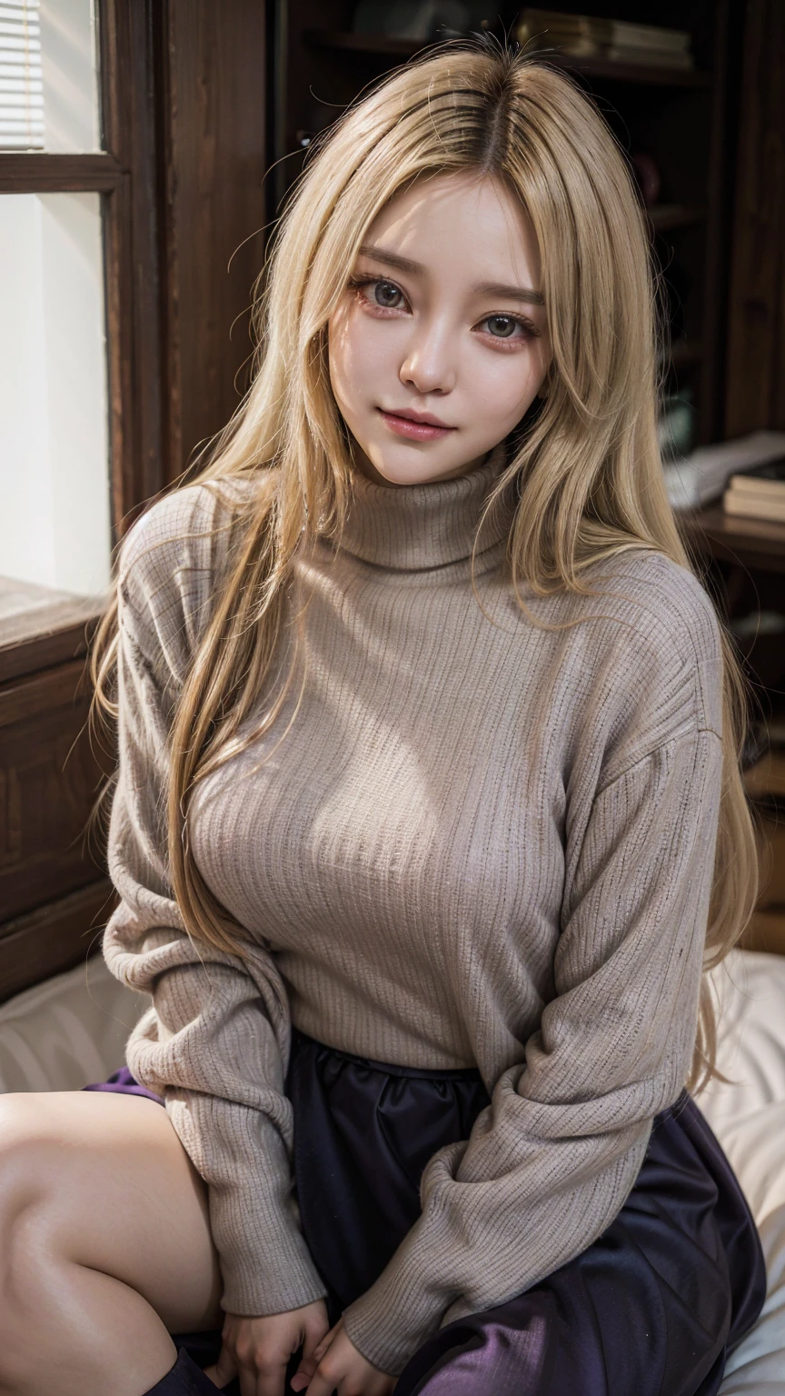 1 woman, yellow hair, long hair, purple eyes, parted lips, smirk, dark purple dress, long sleeve,turtleneck, medium sized breasts, cute, gorgeous woman, long skirt