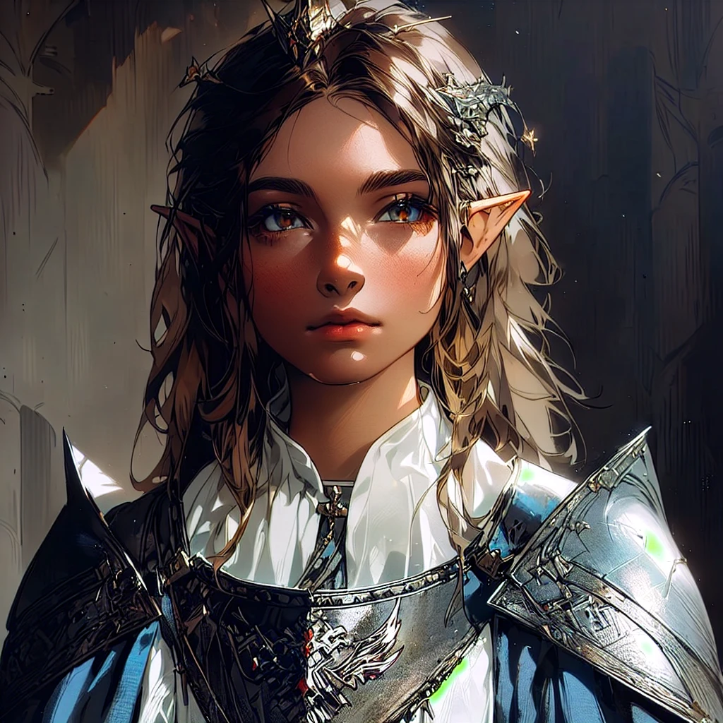 A young half-elf with fair skin and brown hair, long and with parted bangs, wearing clerical clothing over armor emblazoned with a silver dragon