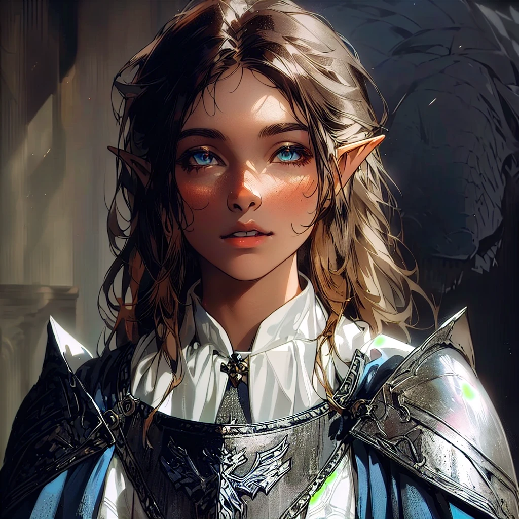 A young half-elf with fair skin and brown hair, long and with parted bangs, wearing clerical clothing over armor emblazoned with a silver dragon