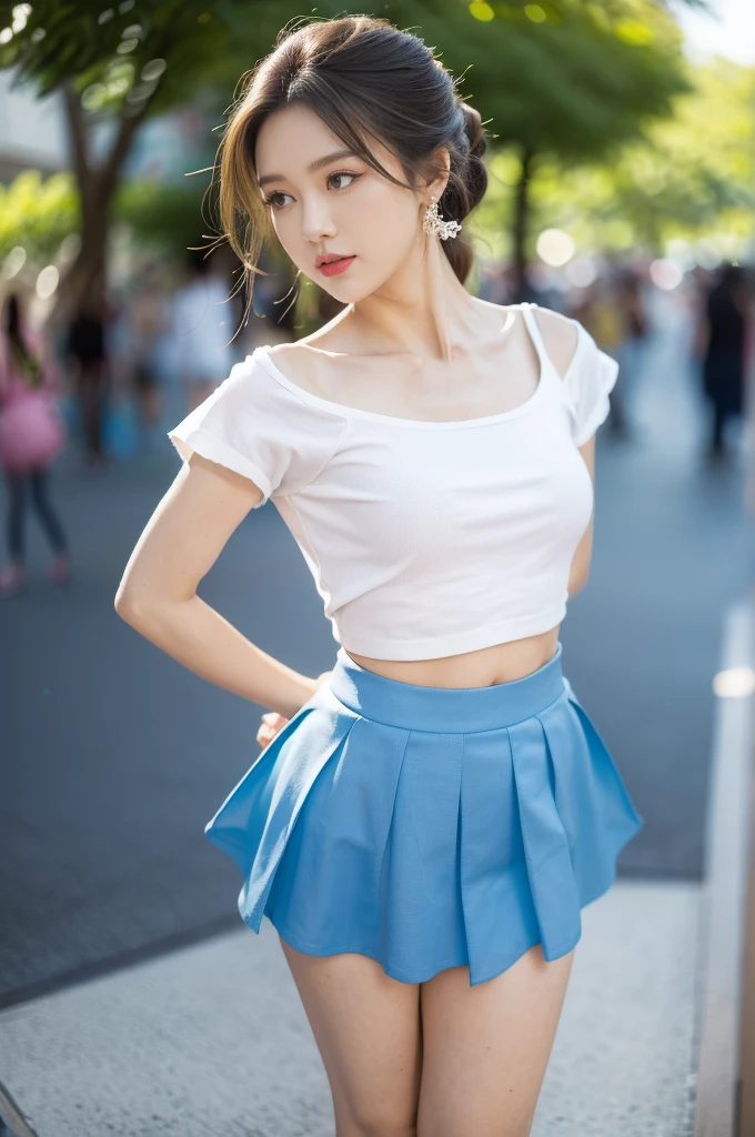 (((best quality))), (((ultra detailed))), (((masterpiece))), illustration,((a beautiful girl,solo)),((slim,thin)),((small breasts,flat chest,claviclis,navel)),(blue short-sleeved white shirt:1.5),(blue mini-skirt:1.3),(slender legs:1.2),(sneakers:1.2),(standing:1.3),((on a stage,outside a shopping mall, at the entrance of a beer promotional event,on the street)), ((surrounded by crowded crowds)),((her hair and the edges of her skirt fluttering in the air)), the girl's attire reflecting the vibrant spirit of summer, a sense of youthful charm and confidence exuding from her, her hair flows freely in the wind, the fluttering skirt accentuating her graceful movements, her expressive eyes and infectious smile drawing people closer, the stage adorned with colorful decorations, the vibrant atmosphere enhanced by the enthusiasm of the crowd, onlookers of various ages captivated by her performance, clapping, cheering, and taking photos, the girl's graceful dance transforming the ordinary streets into a vibrant and lively venue, her energy and charisma captivating the audience, the scene encapsulating the spirit of summer and the beauty of artistic expression,(night scene:1.3),(from front:1.3),(arms behind back:1.3),(full body:1.3)