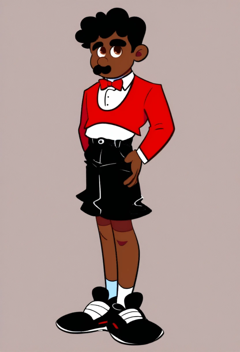 bitterman_carlito, dark skin, bowtie, red bow, red suit, white shirt underneath suit, long sleeve. hispanic, black mustache, standing, thick eyebrows, 1boy, solo, full body, shorts, black shorts, black shoes, black hair, brown eyes. simple background, amanditas4_style, 