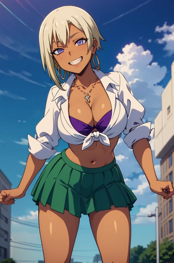 masterpiece, Highest quality, Ranko, Dark Skin, Hoop Earrings, necklace, tie shirt, Purple bra, Green Skirt, Large Breasts, Leaning forward, Wink, throw, Close one eye, With one eye open, Grin, From below, null, cloud
