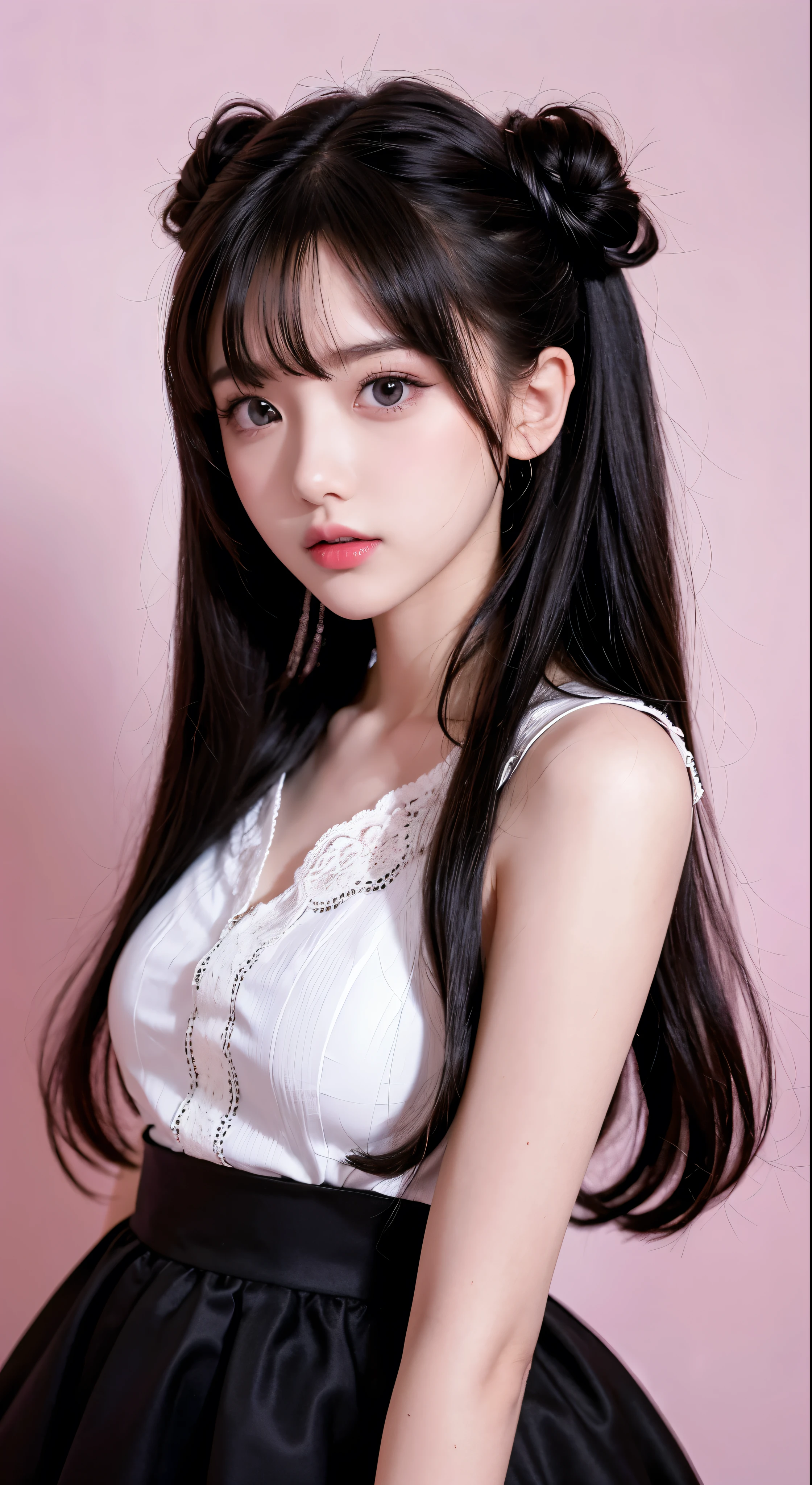 (detailed beautiful eyes and detailed face, masterpiece side light, masterpiece, best quality, detailed, high resolution illustration), (1 girl, beautiful girl, shiny skin, looking down, looking at viewer), ( Sky blue long hair, pink eyes, skirt, ribbon, button-down shirt) 45 degrees, top view,  sideways, (hand detail)