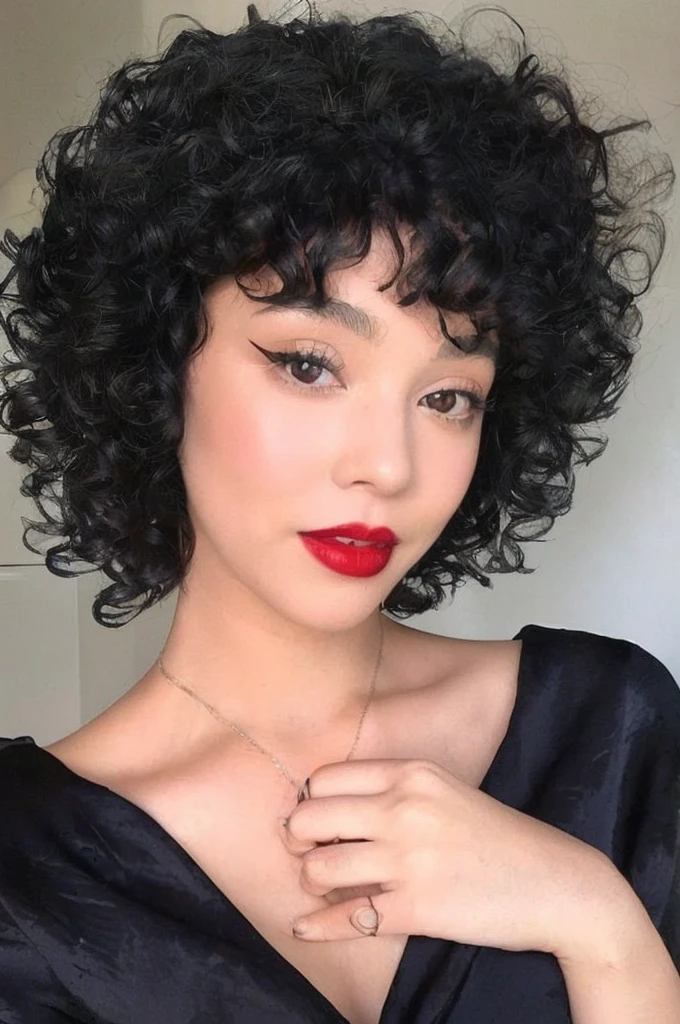 a close up of a woman with a red lipstick and a black dress, short black curly hair, curly bangs, dark short curly hair smiling, short curly hair, very short curly hair, curly pixie hair, curly and short top hair, curly afro, curly pixie cut hair, black curly hair, curly haired, (dark shorter curly hair), short black hair with bangs