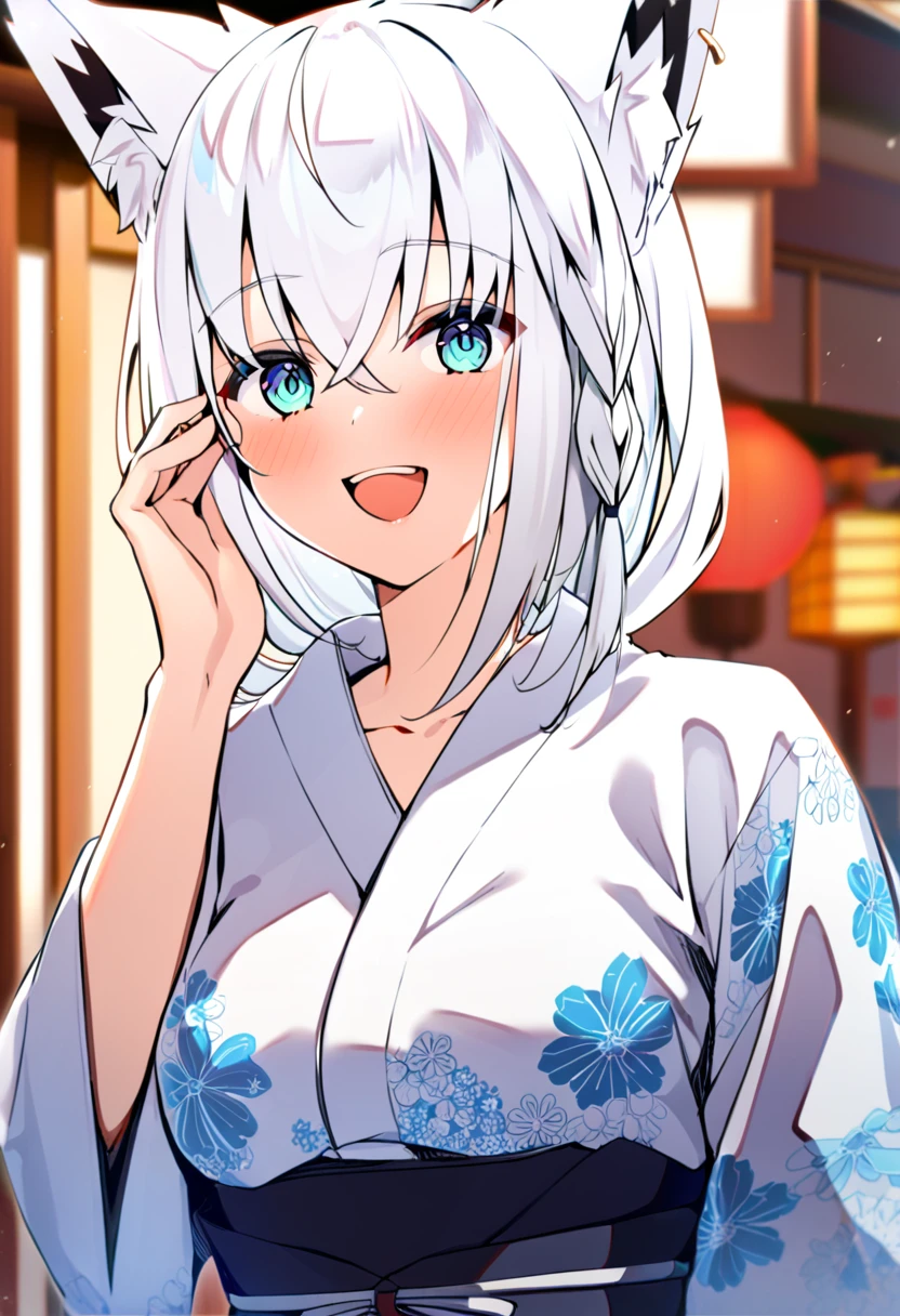 one girl, Shirakami Fubuki, fox ears, white hair, yukata, cute, beautiful, my girlfriend, love me, happy, upperbody focus, medium breasts