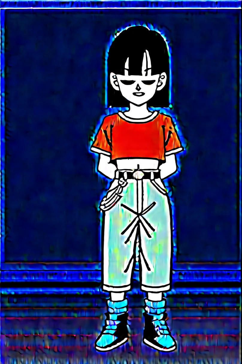 source_anime, score_9, score_8_up, score_7_up, anime screencap,8k, absurd res, pan \(dragon ball\), 1girl, solo, short hair, bangs, black hair, full body, short sleeves, sneakers, black gloves, gold trim, loose socks, belt, , black footwear, black eyes, chain, denim, red shirt, orange bandana, retro artstyle, female , grey pants, fanny pack, purple legwear, shoe soles, v-shaped eyebrows, midriff, collarbone, 1990s \(style\) anime coloring, tape gag, panic expression, struggling, white cloth blindfold over eyes, timebomb in background, white blindfolded, extreme panic expression, shibari on legs, shibari on top, hands behind back, abandoned warehouse background, on knees, hogtied, shibari ropes, white cloth cleave gag, white cloth blindfold, crying