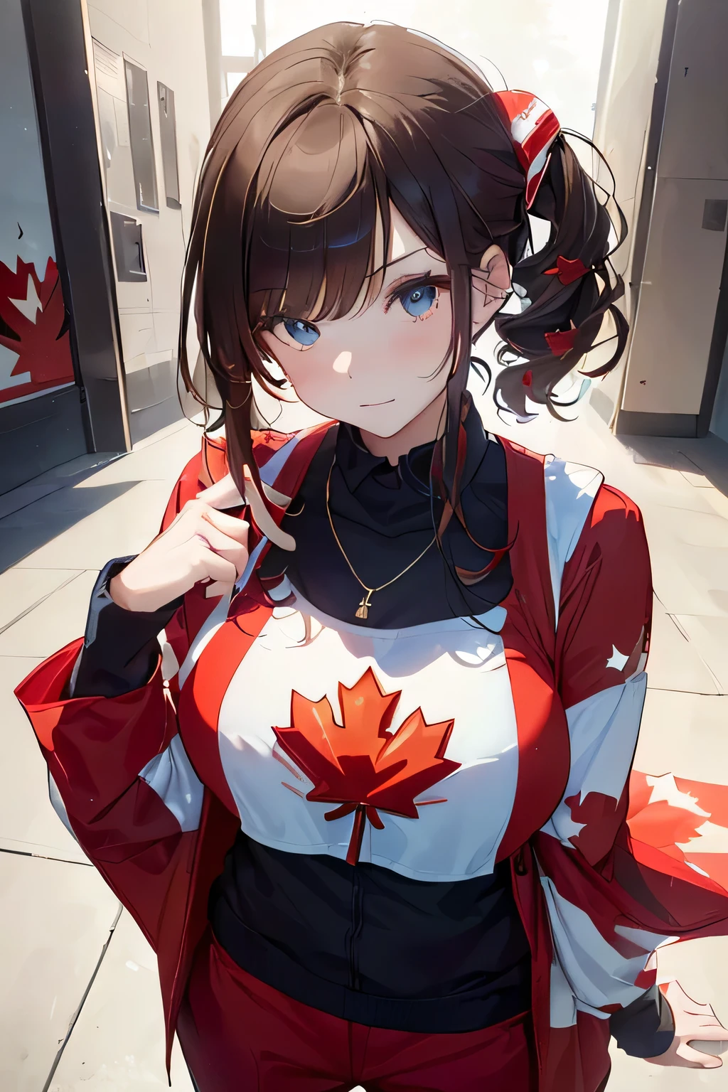 (((Canadian flag themed outfit:1.3))),(((Woman in men's clothing:1.3))),(Maple Leaf Flag),(masterpiece,Highest quality,Ultra-high resolution output images,Write boundary depth,Intricate details,Adding dimension to your subject with the contrast of light and shadow,Anatomically correct facial structure),(Picture Mode Ultra HD,)
