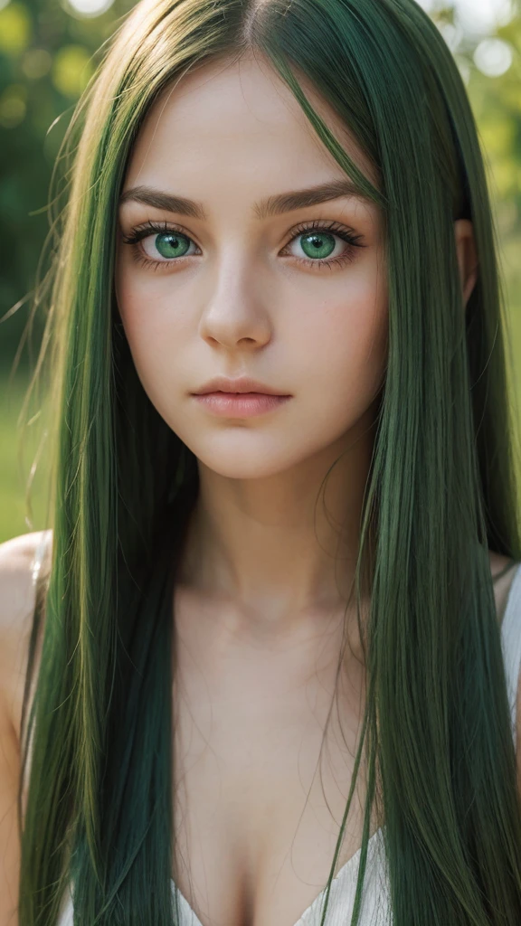 a girl. face sent feeling. Europe. Oval face. long face. delicate facial features. scared eyes. seductively seductive. green eyes. long straight hair. green hair. shy. straight face. outdoor
