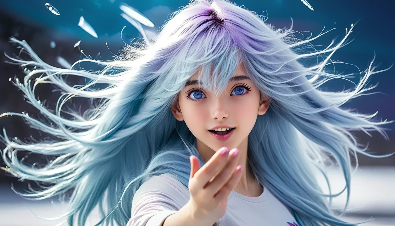 1girl, about ((25 years old)), long light blue hair, messy straight hair, hair bangs, hair blowing in the wind. Ice blades emerging from hear hand. imposing. Beautiful face. Delicate facial features. Purple eyes. Perfect teeth. Perfect hands. ((Cosmic background)).