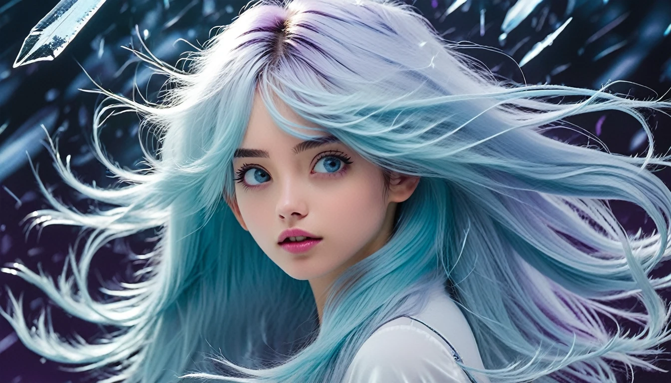 1girl, about ((25 years old)), long light blue hair, messy straight hair, hair bangs, hair blowing in the wind. Ice blades emerging from hear hand. imposing. Beautiful face. Delicate facial features. Purple eyes. Perfect teeth. Perfect hands. ((Cosmic background)).