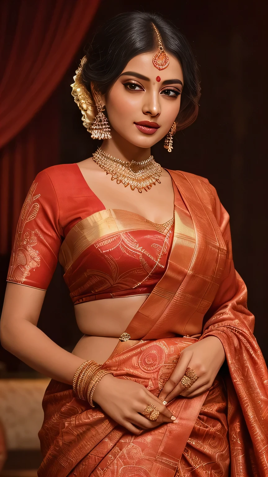 Capture a radiant moment with an Indian woman elegantly dressed in a traditional silk saree and matching blouse. The saree, crafted from luxurious silk with intricate floral and paisley patterns in deep reds and golds, drapes gracefully around her figure, accentuating her curves beautifully. 

Her blouse, adorned with delicate embroidery and a deep neckline, complements the saree perfectly, highlighting her traditional attire with elegance and sophistication. 

Ensure the photo captures the essence of cultural richness and impeccable style, emphasizing the artistry of wearing the saree and blouse correctly, celebrating her grace and traditional charm.