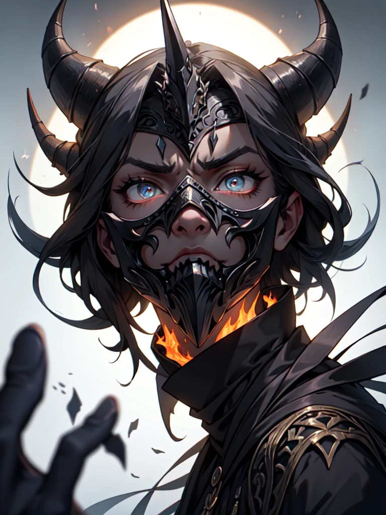 Crafted from dark metallic gray, this intricate mask draws inspiration from Japanese aesthetics. Its design features sinuous, flame-like horns that extend dramatically upward. Filigree-like patterns adorn the surface, with intricate curves and spirals around the eyes and mouth.\n\nThe eyes, large and menacing, slant slightly upward at the outer edges, conveying a fierce or angry expression. No visible eye openings suggest that this mask is more decorative than functional. The mouth, partially open, twists asymmetrically, as if caught in a silent scream.\n\nSubtle reflections of light play on the sculpted relief, emphasizing the high points. The background, softly blurred, keeps the focus on the mask. Illumination from the right side casts gentle shadows, enhancing the contours of the intricate carvings.\n\nOverall, this mask exudes an air of mystery and intensity, inviting speculation about its purpose and the character who might wear it.