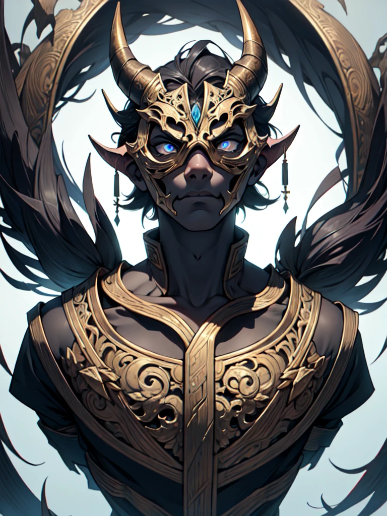 Crafted from dark metallic gray, this intricate mask draws inspiration from Japanese aesthetics. Its design features sinuous, flame-like horns that extend dramatically upward. Filigree-like patterns adorn the surface, with intricate curves and spirals around the eyes and mouth.\n\nThe eyes, large and menacing, slant slightly upward at the outer edges, conveying a fierce or angry expression. No visible eye openings suggest that this mask is more decorative than functional. The mouth, partially open, twists asymmetrically, as if caught in a silent scream.\n\nSubtle reflections of light play on the sculpted relief, emphasizing the high points. The background, softly blurred, keeps the focus on the mask. Illumination from the right side casts gentle shadows, enhancing the contours of the intricate carvings.\n\nOverall, this mask exudes an air of mystery and intensity, inviting speculation about its purpose and the character who might wear it.