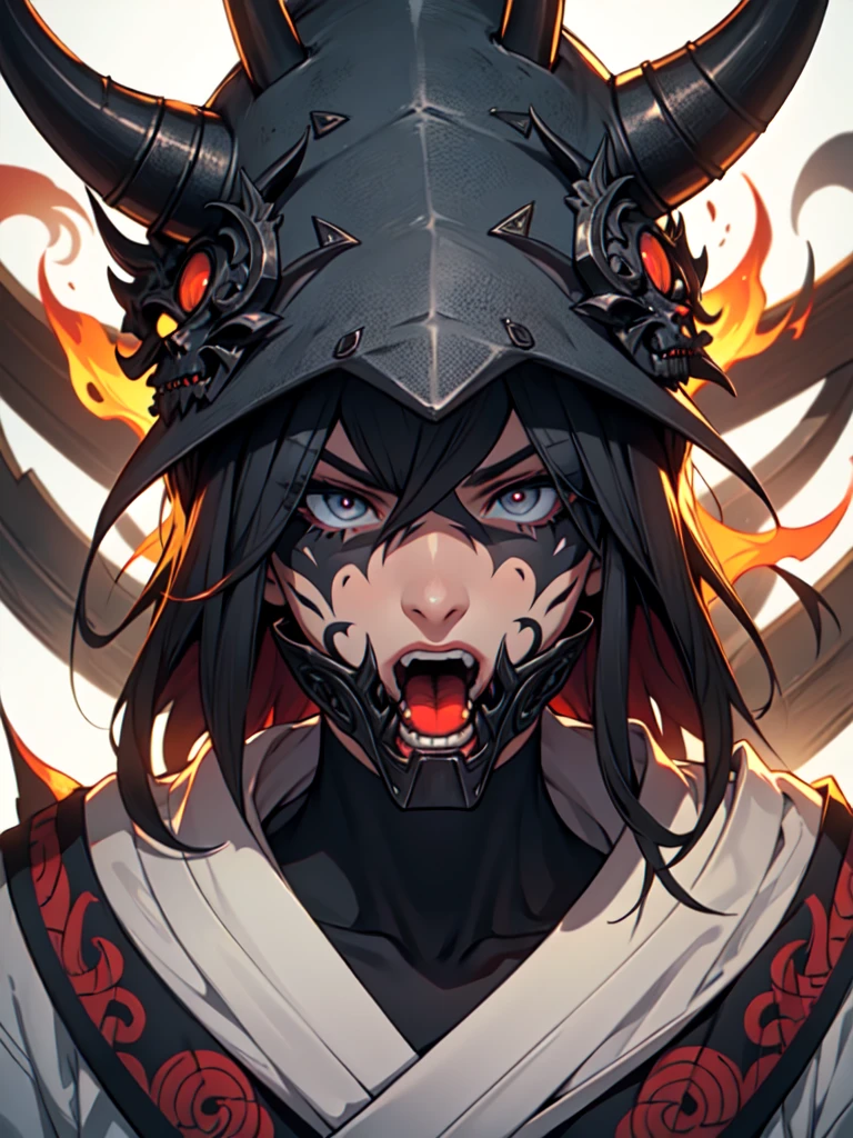 Crafted from dark metallic gray, this intricate mask draws inspiration from Japanese aesthetics. Its design features sinuous, flame-like horns that extend dramatically upward. Filigree-like patterns adorn the surface, with intricate curves and spirals around the eyes and mouth.\n\nThe eyes, large and menacing, slant slightly upward at the outer edges, conveying a fierce or angry expression. No visible eye openings suggest that this mask is more decorative than functional. The mouth, partially open, twists asymmetrically, as if caught in a silent scream.\n\nSubtle reflections of light play on the sculpted relief, emphasizing the high points. The background, softly blurred, keeps the focus on the mask. Illumination from the right side casts gentle shadows, enhancing the contours of the intricate carvings.\n\nOverall, this mask exudes an air of mystery and intensity, inviting speculation about its purpose and the character who might wear it.