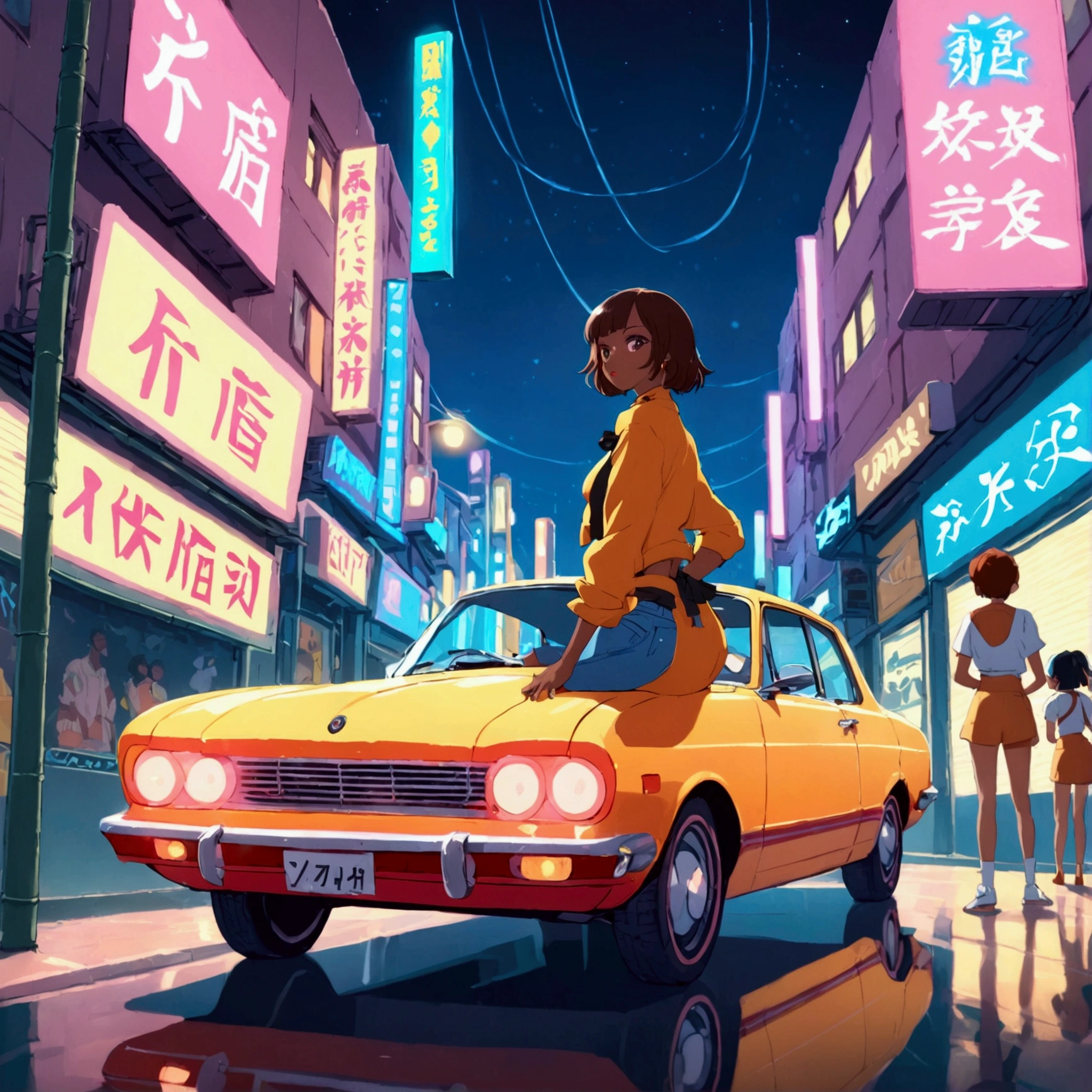 An Anime dark skin African American woman dressed in 90s hipster attire sitting on the trunk of a yellow vintage car. The Entire car is in view.