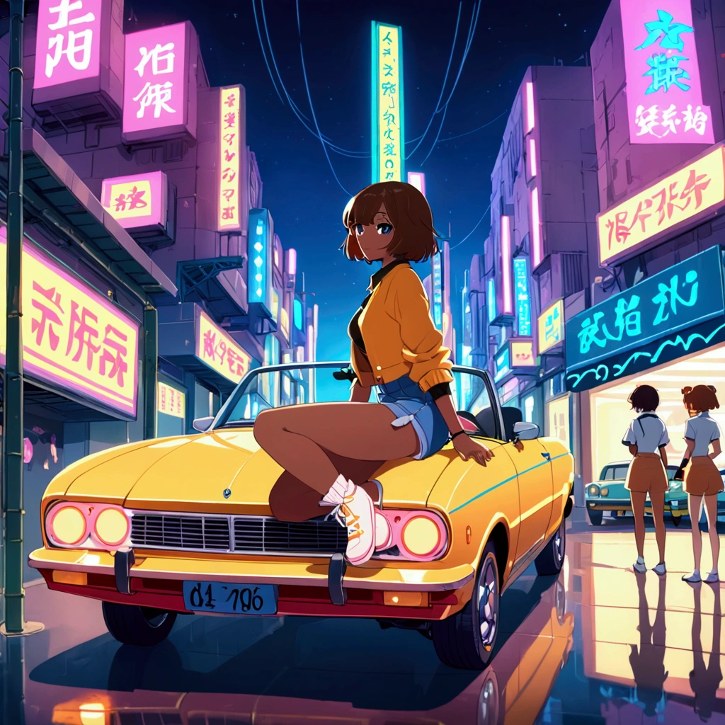 An Anime dark skin African American woman  dressed in 90s hipster attire sitting on the trunk of a yellow  vintage car. The Entire car is in view. 