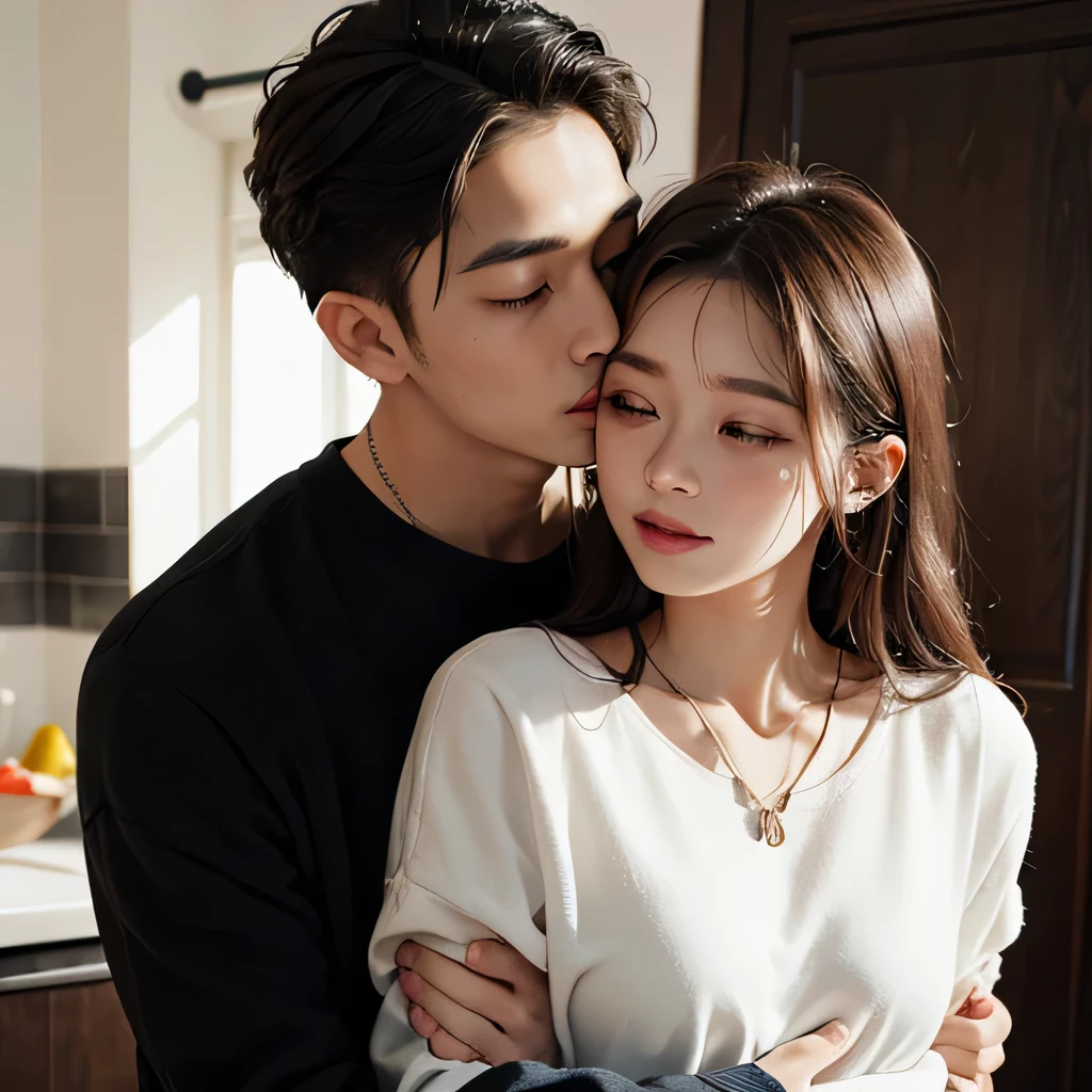 A boy hugging a Girl and kissing her on her right neck