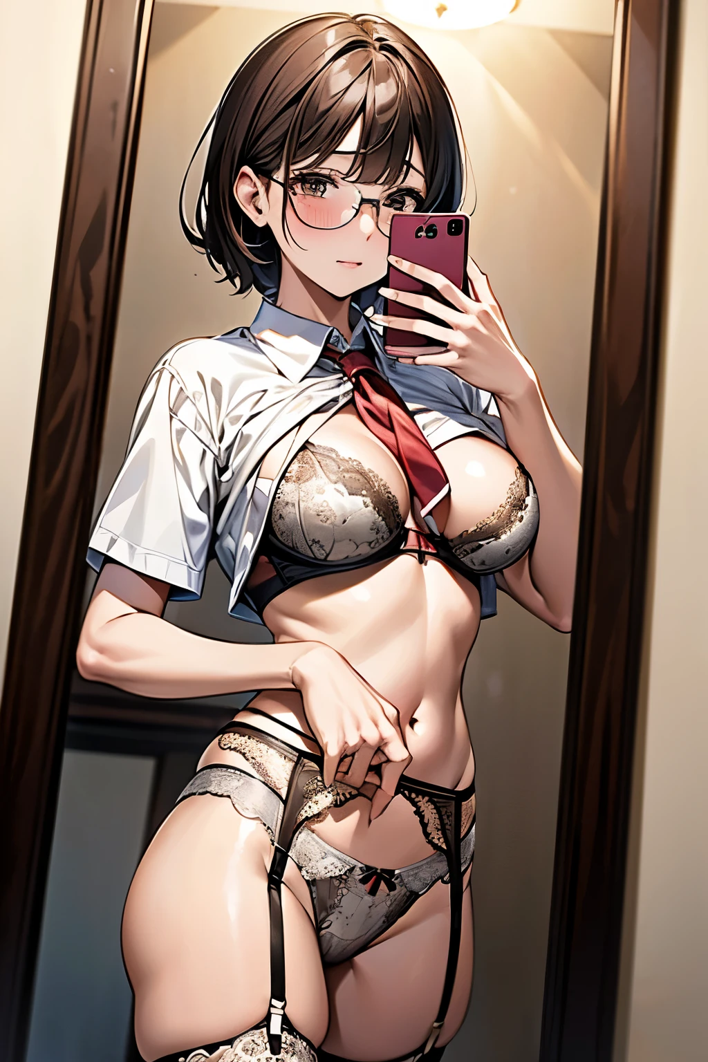 (masterpiece), ((Highest quality)), (masterpiece,Highest quality,Official Art,Highly detailed CG Unity 8K wallpapers)、Beautiful Japanese Woman、Detailed face、Smooth Skin、(masterpiece, best quality, perfect anatomy:1.1),  a woman wearing a lingerie taking a photo of her self in a mirror,phone,japanese 1girl,独奏,23 years old,short hair,pattun,bluntbangs,round face,drooping eyes,brown eyes,(blush :1.2),Angle from below,独奏, Big Breasts,circle glasses, sink, mirror,fitting room, Selfie, cellphone, navel, reflection, ((printed white cotton bra and panties)),(uniform:1.6,shirtlift,garter belt:1.3)