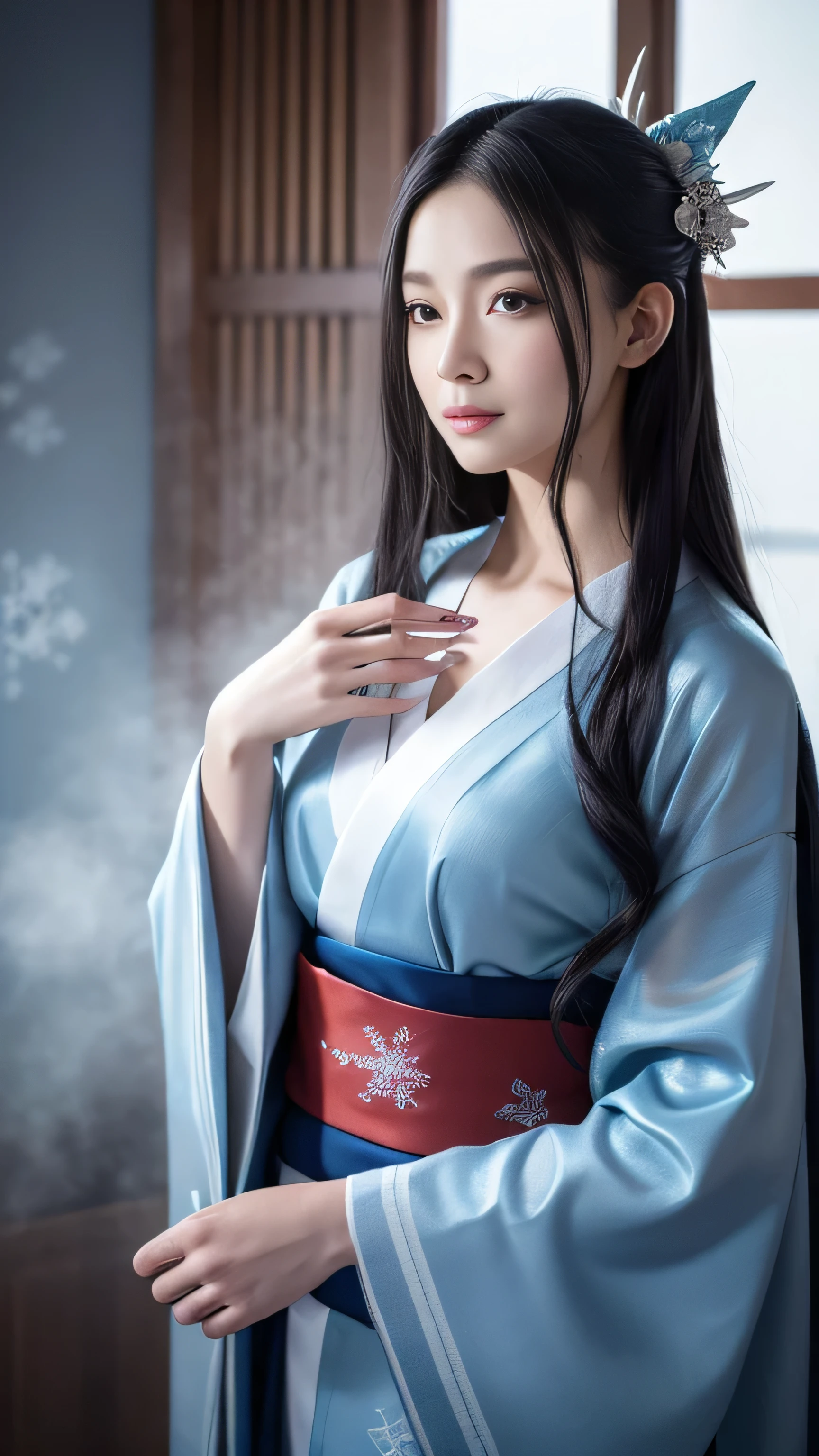 Create an ultra-realistic image of Yasha-hime, a Demon Princess from Japanese folklore, with detailed attention to her appearance.
Overall Appearance:
Height: Taller than an average human woman, standing with dignity and a commanding presence.
Body Type: Slender and well-proportioned, highlighting her elegance and grace.
Facial Features:
Skin: Porcelain white and smooth, reflecting light to give a shimmering, icy appearance.
Eyes: Large and beautiful, with deep blue or green irises that sparkle like a starry sky, captivating those who gaze into them.
Eyelashes: Long and thick, enhancing the beauty of her eyes.
Eyebrows: Thin and refined, giving her face a noble expression.
Hair: Long black hair that flows down to her waist, silky and smooth, shimmering beautifully when it catches the light. Occasionally, the tips of her hair are adorned with small ice crystals.
Lips: Thin and blue-white, with a frosty sheen. Her smile emits a cold light, adding an enigmatic charm.
Clothing:
Kimono: A luxurious kimono in cool colors such as white, pale blue, and purple, often with gold and silver embroidery. The hem of the kimono is long and trails on the ground, moving gracefully with her.
Obi: Intricately designed, often decorated with ice or snowflake motifs.
Hands and Fingers:
Hands: Slender and long, with sharp, transparent nails resembling ice claws. Her fingers emit a cold aura, capable of freezing anything they touch.
Feet:
Feet: Rarely seen, but wherever she steps, icy footprints are left behind, with cold mist rising from her feet, lowering the surrounding temperature.
Distinctive Elements:
Ice Aura: An aura of cold surrounds her, freezing the air around her. Ice crystals and cold mist constantly drift around her.
Hair Crystals: The tips of her hair have small ice crystals that reflect light and sparkle.