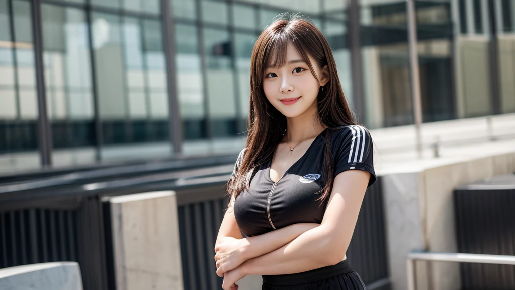 ,(One girl:1.1),Large firm ,Black sporty outfit,A slight smile,Thighini skirt