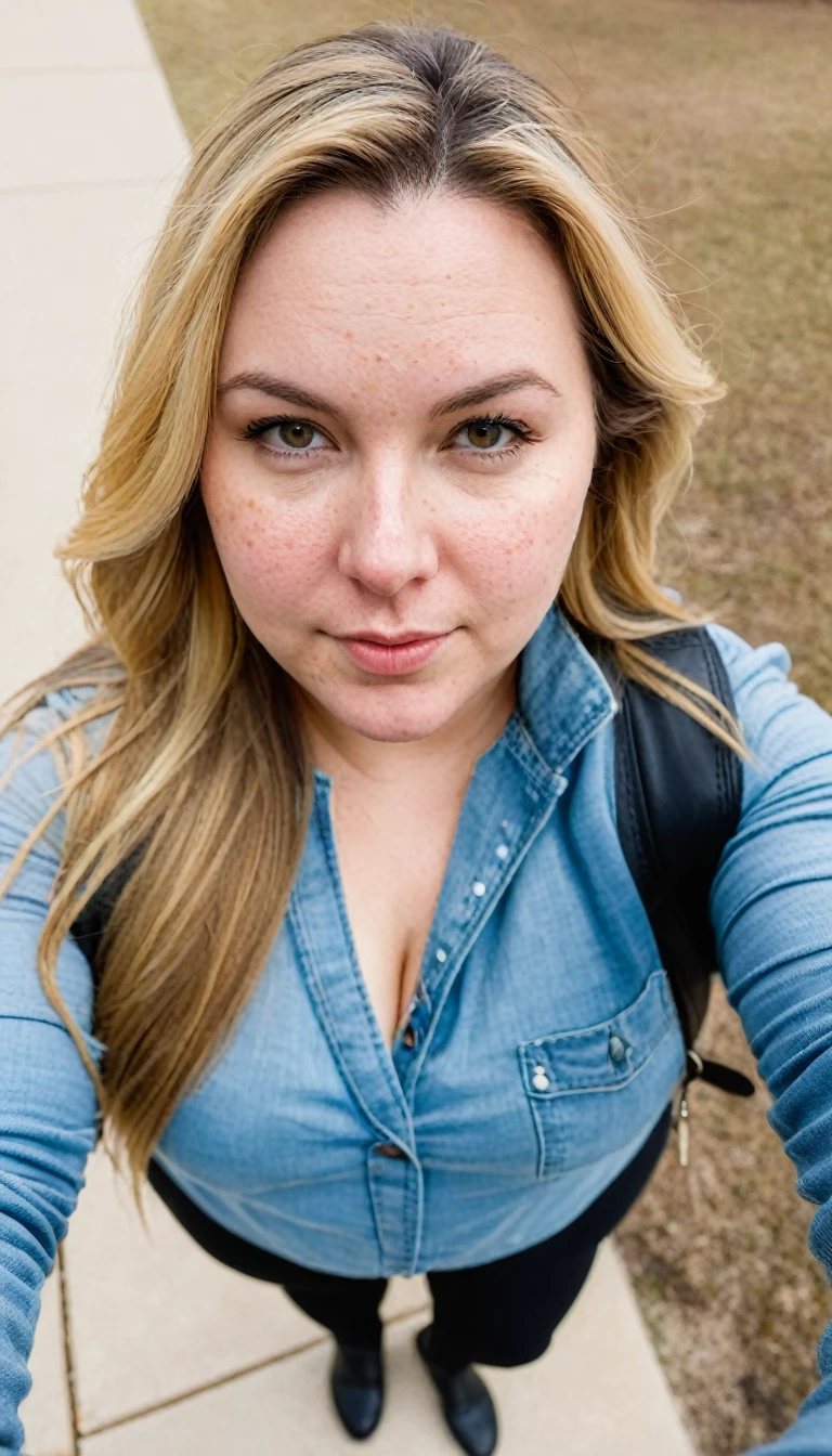 Two Fat woman, 40 years old white Caucasian woman walking outside, day time, Mississippi, Gulfport, cold winter day, long straight blonde messy hair, casually and daily dressed, big hips, thick thighs, casual winter clothed, natural big breasts, Full Body Shot, From Above View, High Angle View, selfie, serious, close up selfie point of view, acne face