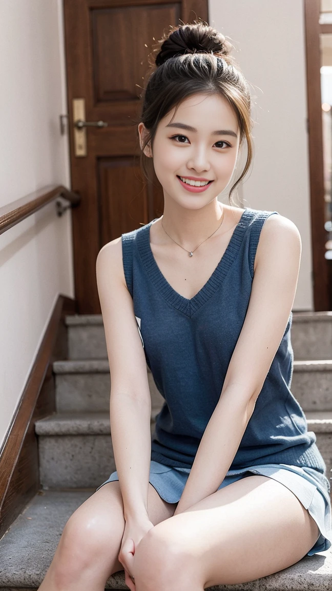 8K picture quality、high resolution、Realistic skin texture、high resolutionの瞳、Miss、Miss in the summer forest、Sleeveless knitted shirt、Short pleated skirt,Thin legs、sports shoes,Princess hairstyle、Thin、From below,From the front,Middle-parted bangs,quantities,Black Hair,Long hair,iris,beauty's eyes,Smile,、Radiant Skin,Glowing skin,Climb stairs,Fire escape routes in buildings,Beautiful leg line beauty,Attractive thighs,Full of sexiness,sensuous,Carefree Smile,Heal the mind,Low Ponytail,beauty,Long Neck,Smile,Large Breasts、(a charming smile:1.2), Brown hair、Large target、Sweat accumulates on the chest、Comb your hair up