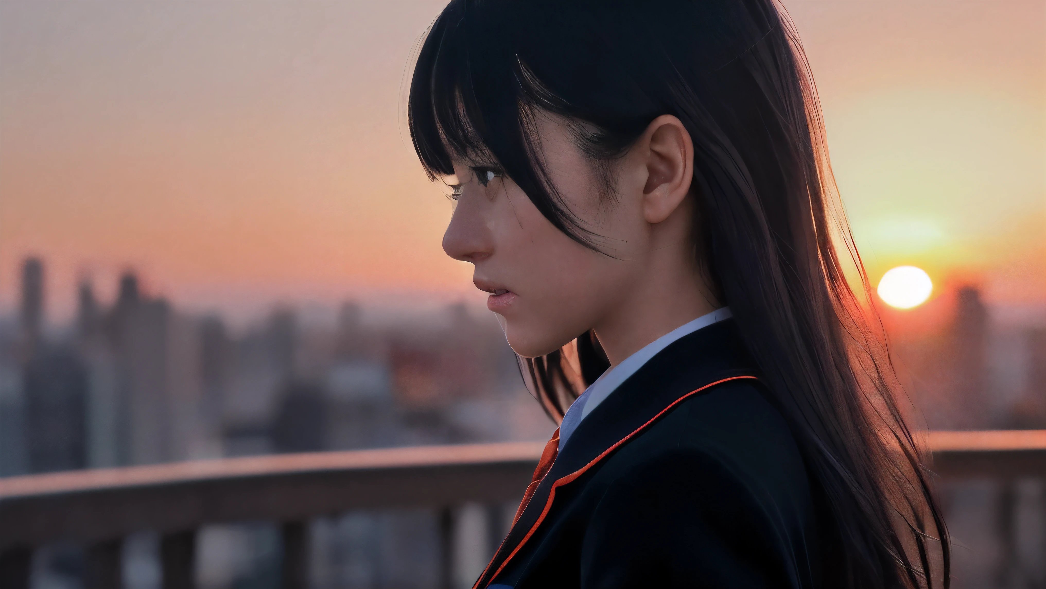 (Close up profile shot of one slender small breasts two side up black medium hair bangs girl with crying face in long sleeves black school uniform:1.5)、(One girl is looking at sunset red sky with her face is reflected sunset light and her hair is blowing in long sleeves black school uniform:1.5)、(Beautiful red sunset sky at skyscraper city landscape:1.5)、(8k ultra detailed master piece:1.5)、(perfect anatomy:1.5)、(Photorealistic stick:1.5)、(Raw photo:1.3)、(highest quality:1.5)、(High resolution:1.3)、(Delicate and beautiful perfect face:1.3)、(Delicate and beautiful eye air skin:1.3)、(Real Human Skin:1.3)、((thin legs))