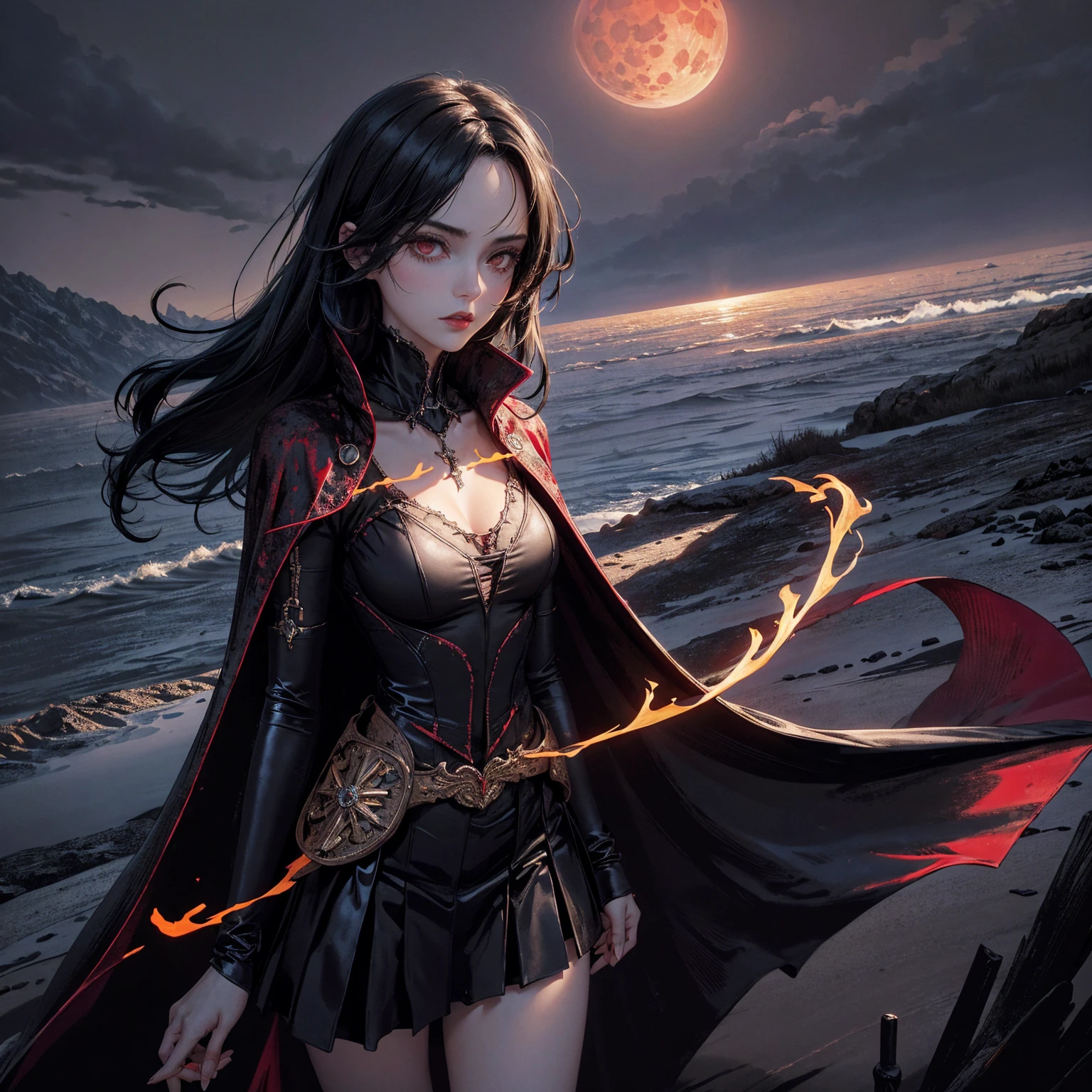 best quality, 4K, high resolution, masterpiece:1.2, Very detailed, actual:1.37, Mood lighting, Girl in a long cape, Wearing a reflective latex skirt and a reflective rubber bra, Dangerous sneer, Black Hair, Standing, Facing the camera, Crucified, Pitch black sky, Blood-red moon, strange atmosphere, Gothic style, Unforgettable beauty, Dramatic shadows, Ethereal Light, Mysterious atmosphere.