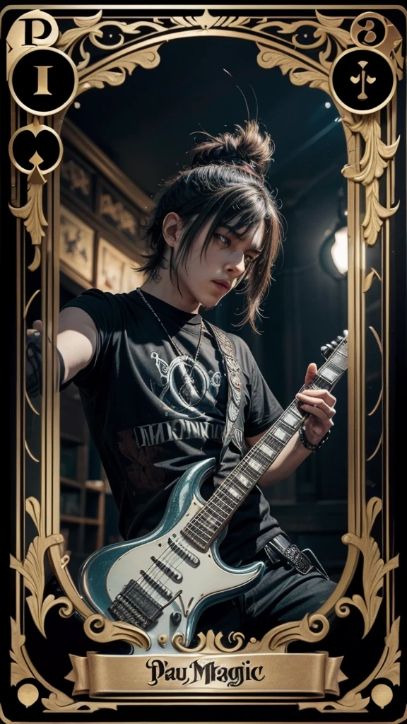Create a Magic-style playing card with a metal guitar player cone character