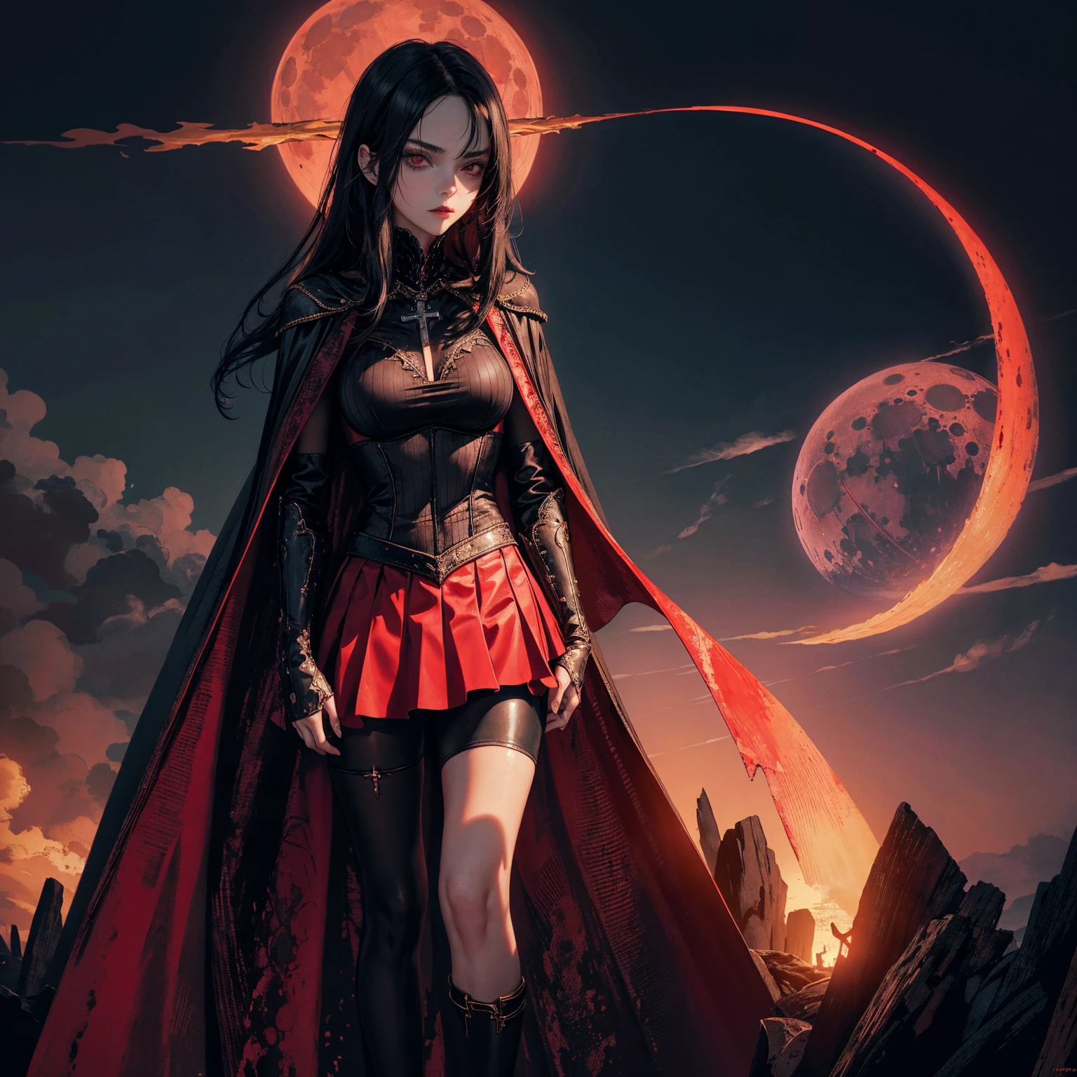best quality, 4K, high resolution, masterpiece:1.2, Very detailed, actual:1.37, Mood lighting, Girl in a long cape, Wearing a reflective latex skirt that shows a little skin above the chest, reflective rubber bra, Dangerous sneer, Black Hair, Standing, Facing the camera, Crucified, Pitch black sky, Blood-red moon, strange atmosphere, Gothic style, Unforgettable beauty, Dramatic shadows, Ethereal Light, Mysterious atmosphere.