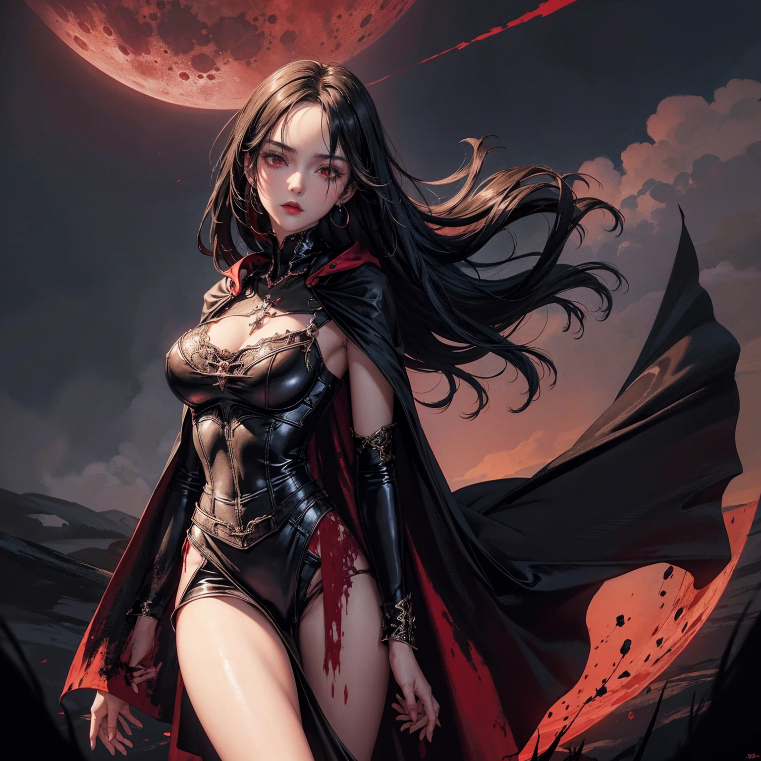 best quality, 4K, high resolution, masterpiece:1.2, Very detailed, actual:1.37, Mood lighting, Girl in a long cape, Wearing a reflective latex skirt that shows a little skin above the chest, reflective rubber bra, Dangerous sneer, Black Hair, Standing, Facing the camera, Crucified, Pitch black sky, Blood-red moon, strange atmosphere, Gothic style, Unforgettable beauty, Dramatic shadows, Ethereal Light, Mysterious atmosphere.