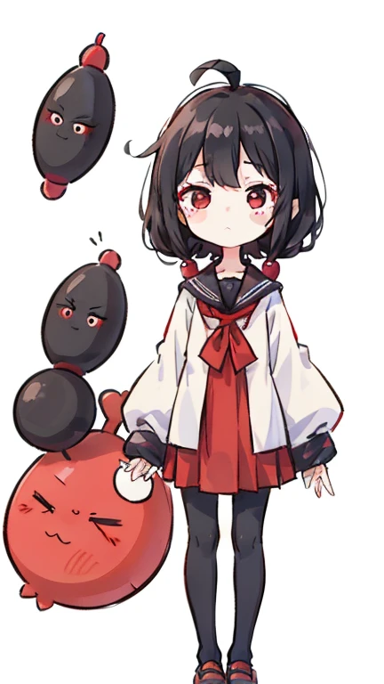 Girl Kokeshi　Primary school students　Young Girl　Little Girl　Height: 130cm　Standing picture Simple design　Black hair okata　Hair is black　Red eyes　Shoulder-baring ahoge　Kokeshi doll　Downer　Expressionless　Sleepy eyes
