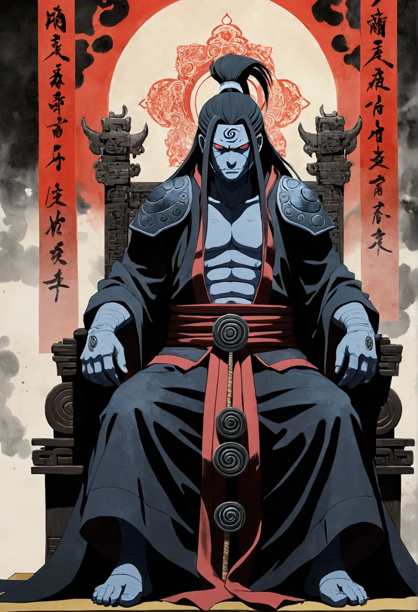 (masterpiece, best quality: 1.2), traditional Chinese ink painting , madara from naruto , wearing god of destruction clothes , sitting on throne