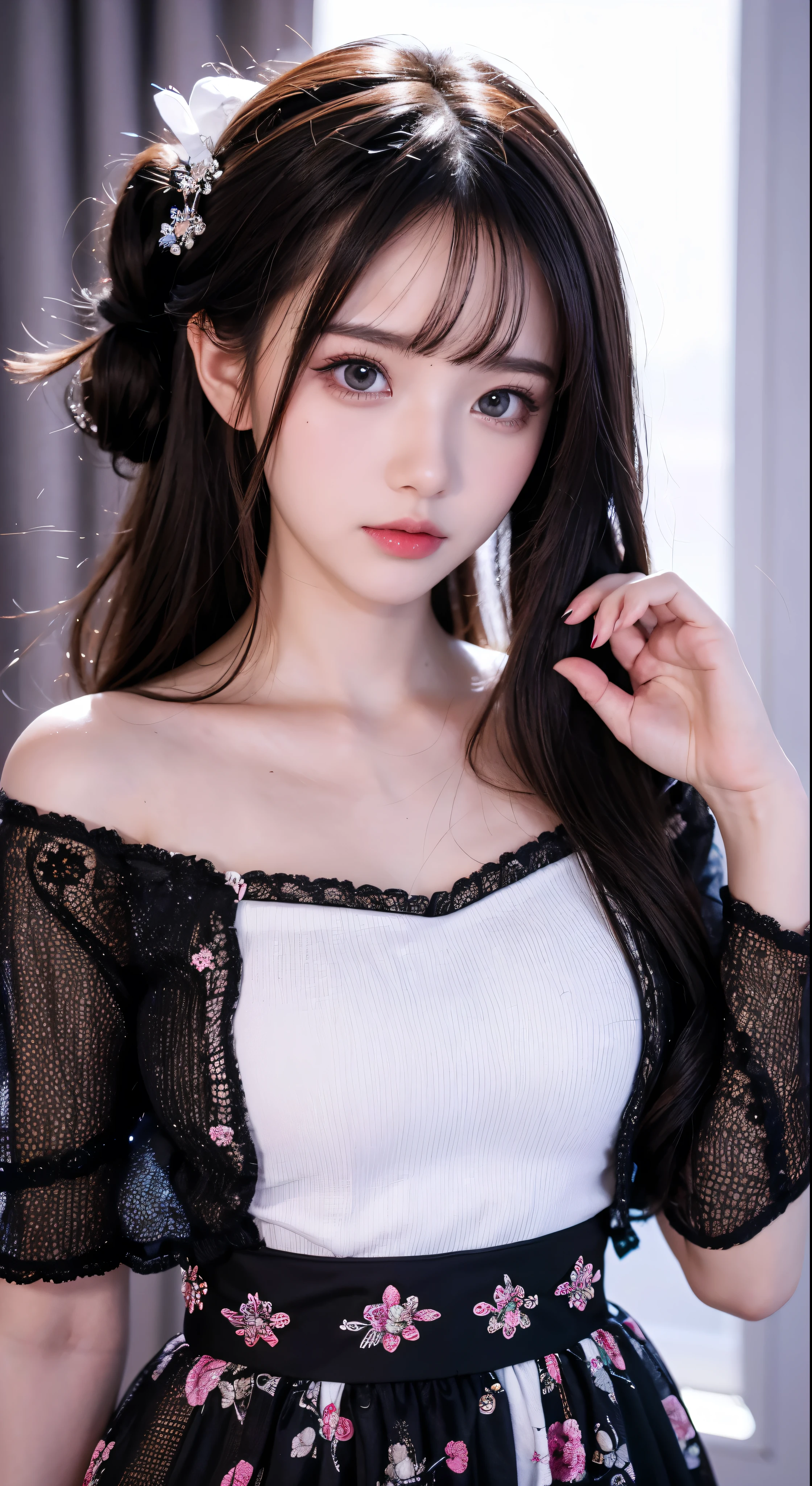 (detailed beautiful eyes and detailed face, masterpiece side light, masterpiece, best quality, detailed, high resolution illustration), (1 girl, beautiful girl, shiny skin, looking down, looking at viewer), ( Sky blue long hair, pink eyes, skirt, ribbon, button-down shirt) 45 degrees, top view,  sideways, (hand detail)