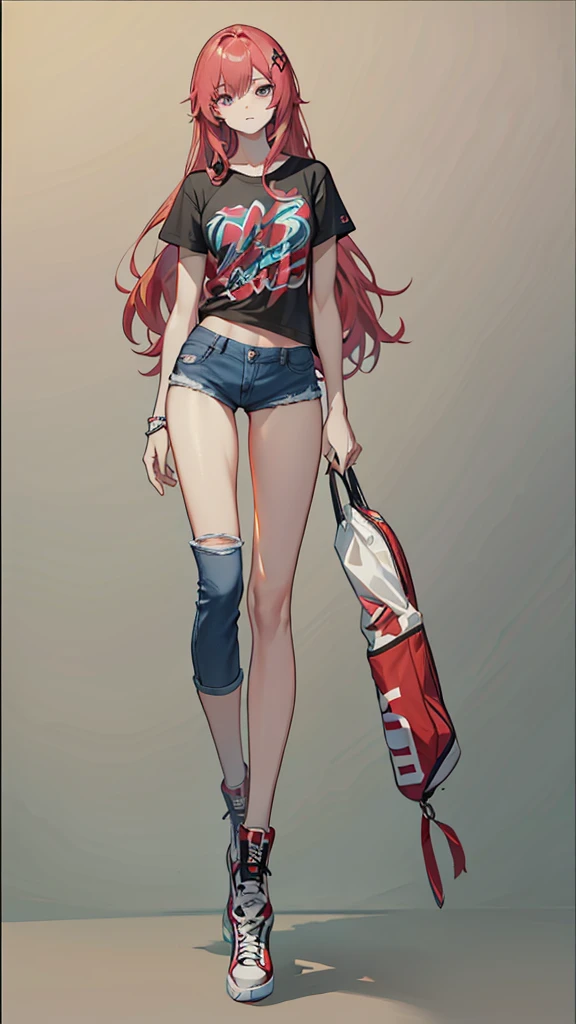 Drawing of a woman with long, middle-parted hair in a WWE shirt and sexy short jeans mini-pants., full body image of a short!, Drawing the whole character, Draw the whole body, Tall female emo art student, unrealistic character concept, Full concept in detail, !!full body image!!, realistic proportions!!, draftเส้น!!, outdraftเส้น, Comfortable pose, draft, Wear a plaid shirt., Whole body illustration