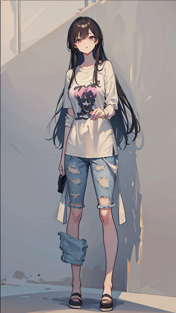 Drawing of a woman with long, middle-parted hair in a WWE shirt and sexy short jeans mini-pants., full body image of a short!, Drawing the whole character, Draw the whole body, Tall female emo art student, unrealistic character concept, Full concept in detail, !!full body image!!, realistic proportions!!, draftเส้น!!, outdraftเส้น, Comfortable pose, draft, Wear a plaid shirt., Whole body illustration
