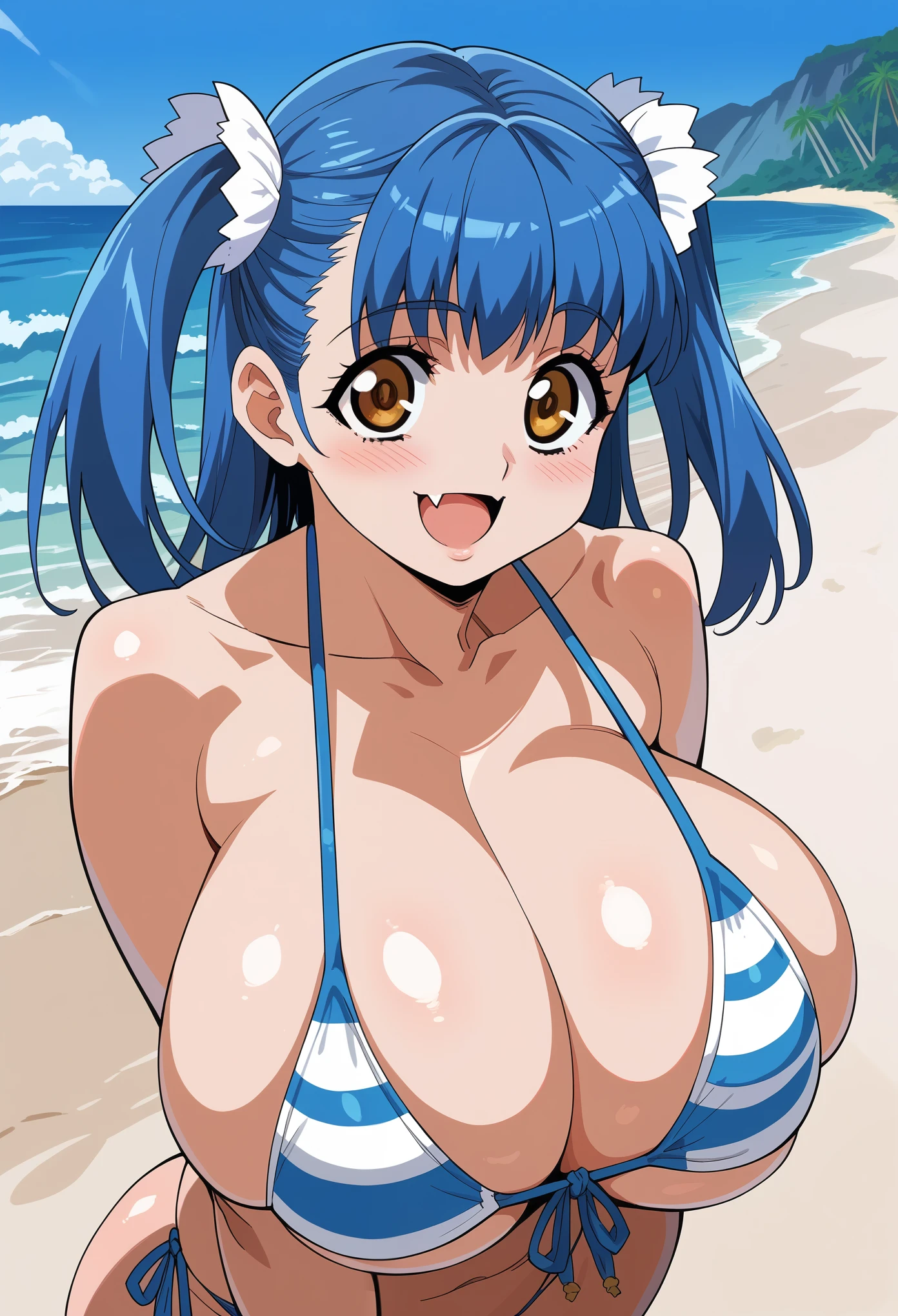 (Tuile(gravion),huge breasts,blue hair,yerrow eyes,twintail,two side up),(bikini,beach),blush,smile,open mouth,fang