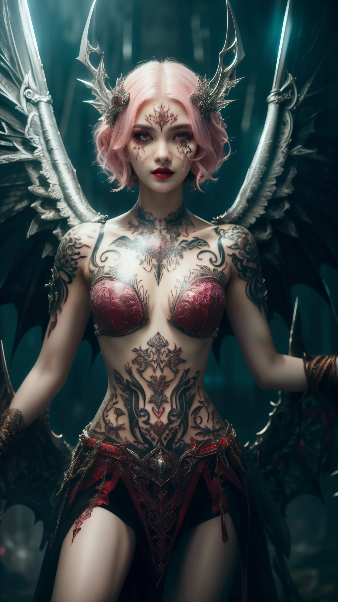 Cute Japanese woman, (16 years old), (Very cute face: 1.3), Red lips, White moist skin, Melancholic expression,
BREAK,
(Beautiful belly button), (White skin),
BREAK,
Female superior ancient strigoi vampire, Horror, Angel wings, Black wings, Red jewelry, (Big wings: 1.4), Satan, Hellfire, Full body, Devil, (Flame), (Rhinestone),
BREAK,
Short hair, (Short bob hair), (Bangs: 1.2), (Pink hair: 1.3), (Wavy hair),
BREAK,
(Facial tattoo: 1.4), (Facial rhinestones: 1.1),
BREAK,
Masterpiece, Perfect lighting, Ultra high resolution, 8K, (Very detailed: 1.4), (From the front), Looking at the camera,
BREAK,
(Neon lights: 1.2),
