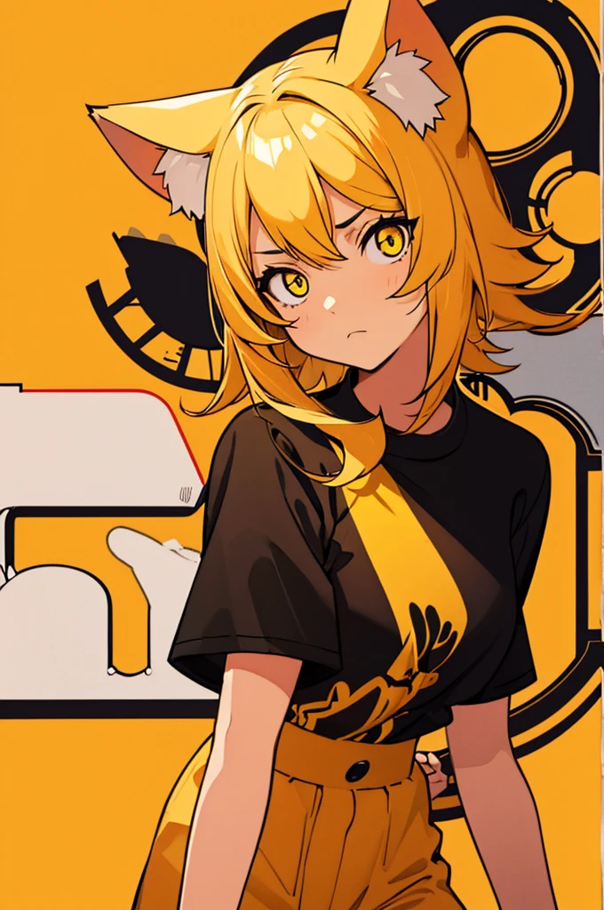 masterpiece, top-quality, 1girl, unamused expression, looking at the camera, yellow hair, cat ears, cat tail, tan skin, medium length hair, black and yellow outfit, yellow background