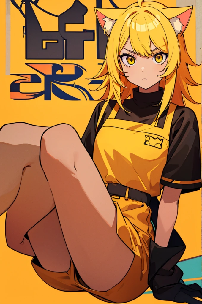 masterpiece, top-quality, 1girl, unamused expression, looking at the camera, yellow hair, cat ears, cat tail, tan skin, medium length hair, black and yellow outfit, yellow background
