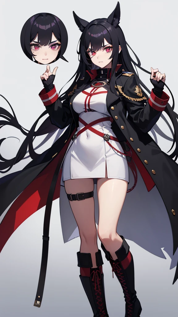 Young woman, 21 years old, full length, White background. Black hair with red tips. One eye is blue, Other purple (lens on one eye). Voice is slightly rough, hoarse after a cold. haughty expression on his face. long black coat, lace-up boots